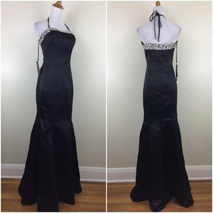 NWT AMELIA COUTURE Black Silver Rhinestone Sateen Halter Mermaid Gown Dress